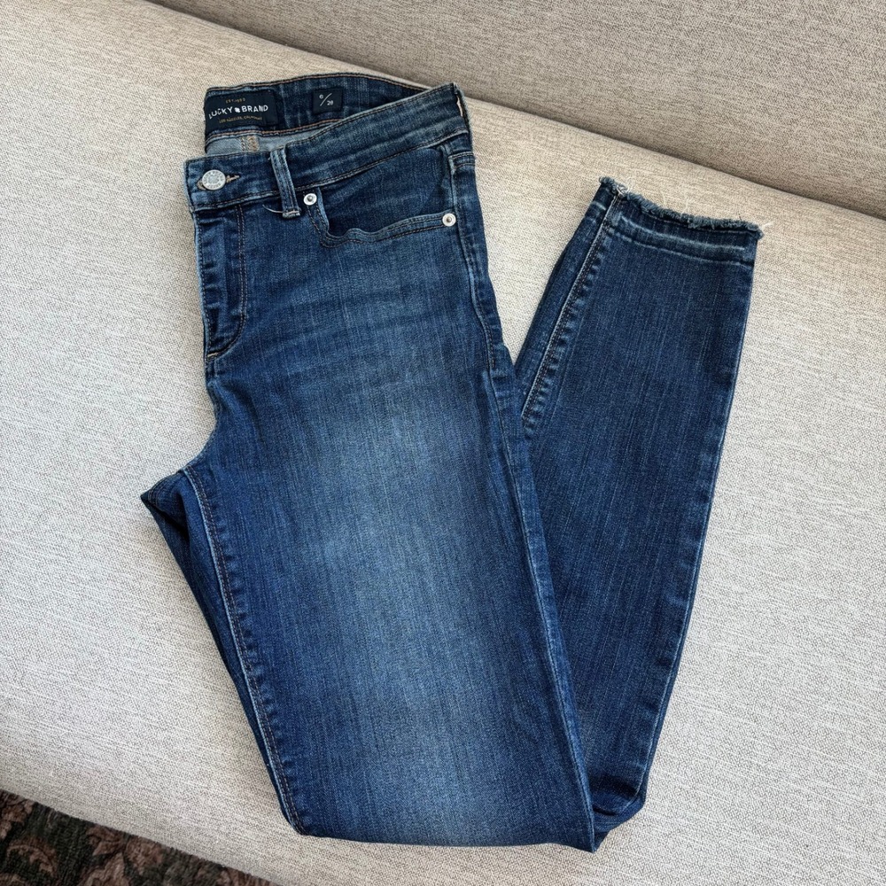 Lucky Brand Ava Skinny Jeans 6 28 Dark Wash Raw Hem Stretch Denim Casual Boho